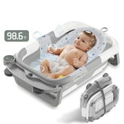 Liyufly Foldable Baby Bath Tubs, Portable Collapsible Baby Bathtub with Soft Net Cushion & Thermometer for Infant to Toddler, Bear, Gray