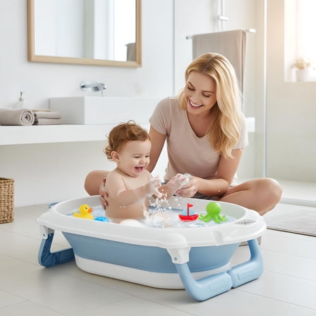 Liyufly Folding Baby Bath Tub, Home Travel Portable Foldable Baby Bathtub with Thermometer for Infant,Newborn,Toddler, Blue
