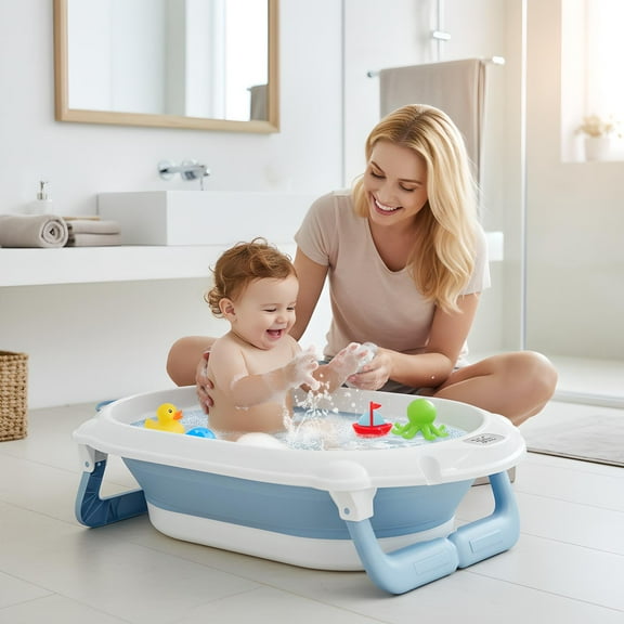 Liyufly Folding Baby Bath Tub, Home Travel Portable Foldable Baby Bathtub with Thermometer for Infant,Newborn,Toddler, Blue