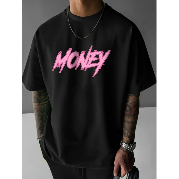 MONEY Colored Print, Men's Short Sleeve Round Collar Street Style T-shirt For Summer & Spring, Casual Sporty Tee, Summer Gifts