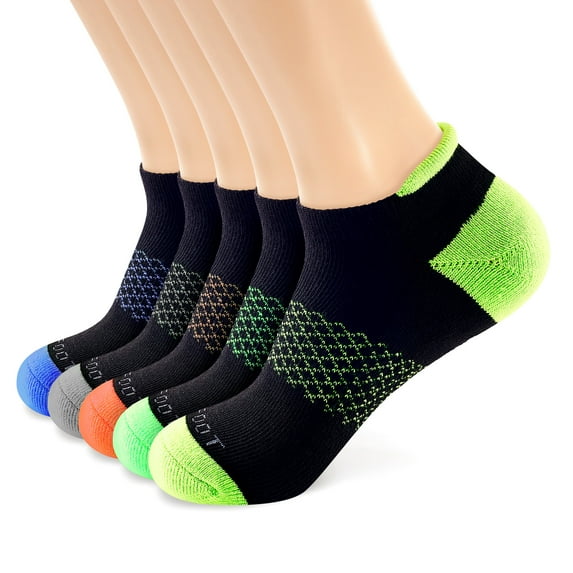MONFOOT Women's and Men's Athletic Cushioned Heel Tab Ankle Socks, 5-Pairs (Black-Neon)