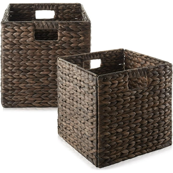 MONGJI 12" x 12" Water Hyacinth Storage Baskets, Espresso - Set of 2 Collapsible Cube Organizers, Woven Bins for Bathroom, Bedroom, Laundry, Pantry, Shelves