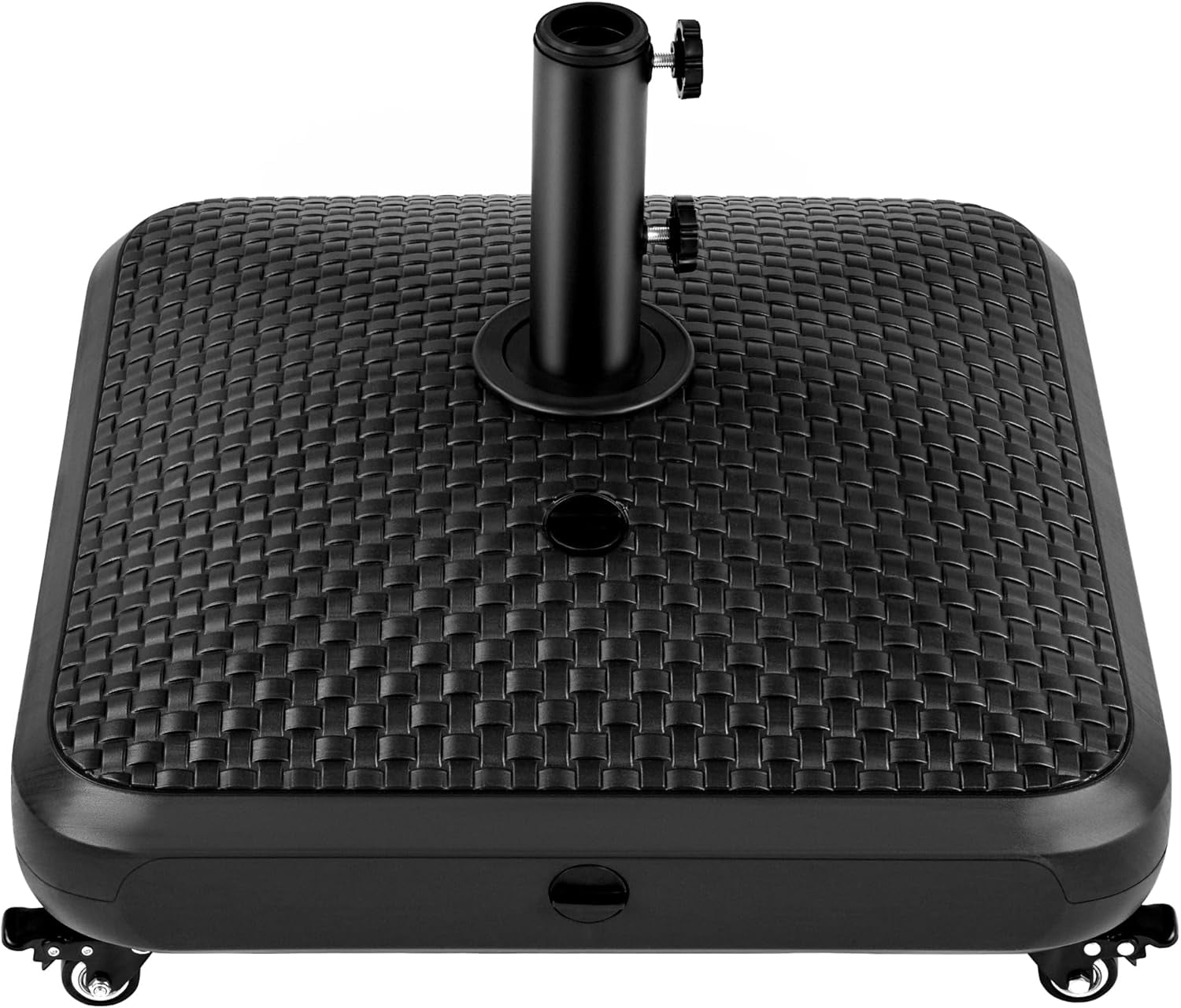 MONGJI 123lb Capacity Fillable Mobile Patio Umbrella Base, Windproof Heavy Duty Market Stand with 4 Wheels, 4 Locks 2 Knobs for Deck, Poolside, Garden,Black-Faux Rattan