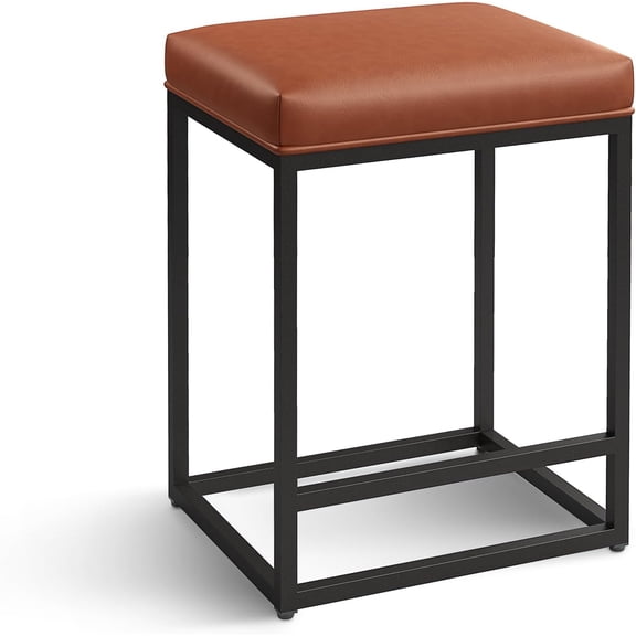 MONGJI  24 Inch Counter Height Bar Stools, Upholstered Bar Stools for Kitchen Island, Counter Stools with Faux Leather Cushion and Sturdy Metal Frame, Modern Barstools, Caramel