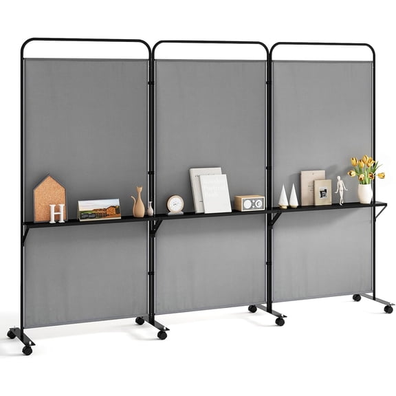 MONGJI 3 Panel Room Divider with Wheels and Shelves, 103" W x 74" H Folding Privacy Screen, Rolling Partition Separator for Home Office Studio, Fabric Wall Divider for Room Separation (Gray)