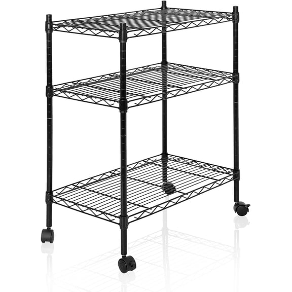 MONGJI 3-Shelf Adjustable Heavy Duty Storage Wire Shelving Unit with Wheels, Metal Organizer Wire Rack Microwave Utility Cart, Black (24L x 14W x 31H)