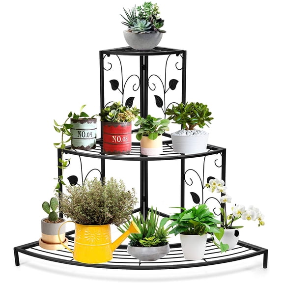 MONGJI 3 Tiers Corner Shelf Metal Plant Stand, Stair-Step Style Flower Pot Display, Ladder Plant Display Rack, Quarter Round Plant Shelf for Indoor Outdoor Use