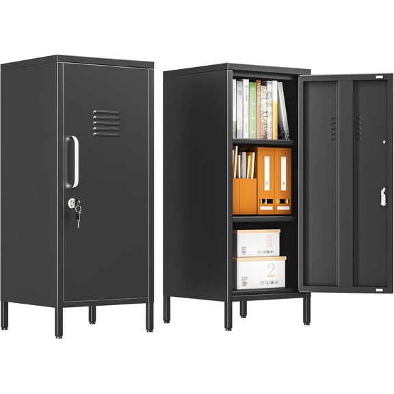 MONGJI 35.43" Metal Storage Locker with Lockable, Metal Steel Locker for Employees with 1 Door 2 Adjustable Shelves, Small Locker Storage Cabinets for Home, School, Office, Gym (Black)