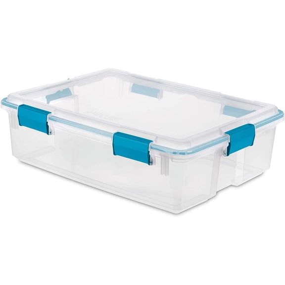 MONGJI 37 Qt Gasket Box, Stackable Storage Bin with Latching Lid and Tight Seal, Plastic Container to Organize Basement, Clear Base and Lid, 1-Pack