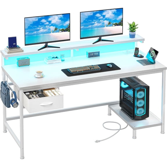 MONGJI 39.3Inch Computer Desk with Power Outlet & Drawer,Gaming Desk with CPU Stand& LED Lights,Corner Office Desk with Ergonomic Monitor Stand for Home Work, Study and Gaming, Small Spaces,White