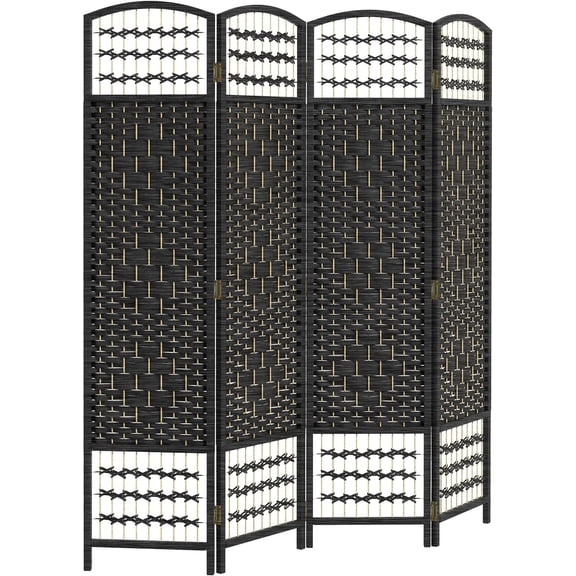 MONGJI 4 Panel Room Divider, Folding Privacy Screen, 5.6' Room Separator, Wave Fiber Freestanding Partition Wall Divider, Black