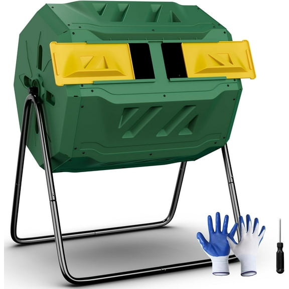 MONGJI 43 Gallon Outdoor Dual Chamber Tumbling Composter - BPA Free, Rotating Compost Bin with Sliding Doors & Steel Frame for Garden/Yard
