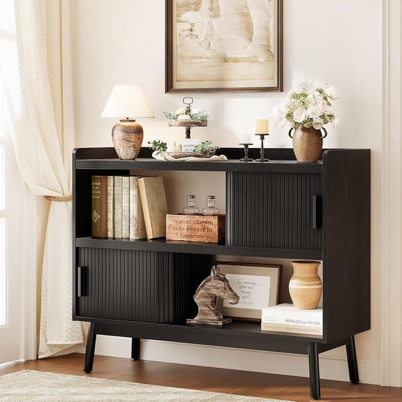 MONGJI 44" Sideboard Buffet Cabinet with Outlet & 2 Open Storage Spaces, Fluted Sideboard Cabinet with Sliding Door & Adjustable Shelves, Mid-Century Accent Coffee Bar Console Table with Wooden Feet
