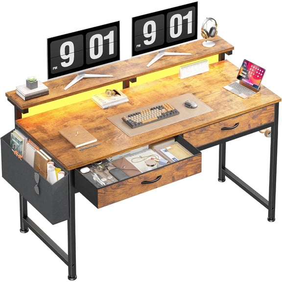 MONGJI 47.3Inch Office Computer Desk with LED Lights & 2 Fabric Drawers, Gaming Desk with Side Pocket & Ergonomic Monitor Stand, Small Space Study Writing Table with Anti-Tip Design, Rustic Brown