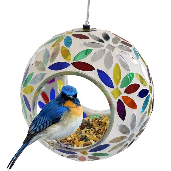 MONGJI 6-Inch Glass Mosaic Hanging Bird Feeder for Outdoors - Fly-Through Glass Bird Feeder for Cardinals, Jays, Finches and More - Rainbow Daisies