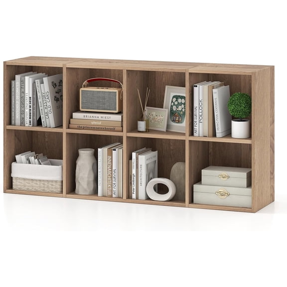 MONGJI 8-Cube Bookcase, 3-Tier Cubby Bookshelf, Horizontal Vertical Display Rack with Anti-Tipping Kits, Modern Storage Organizer Shelf Unit for Bedroom, Living Room, Study (Natural, 8-Cube)