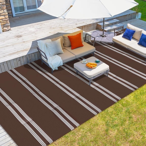 MONGJI 9x12ft Outdoor Rug, Reversible Plastic Patio Rug Waterproof, Indoor Outdoor Carpet Clearance, Large Area Carpet for Patio Deck Balcony Pool RV Camping Beach Picnic, Brown & White