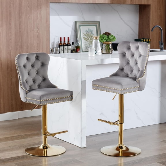 MONGJI Adjustable Counter Height Bar Stools Set of 2, Swivel Barstools with Thickened Cushion, Pull Ring and Nailheads Trim, Velvet Upholstered Bar Chairs for Home Pub Kitchen Island Cafe, Gray