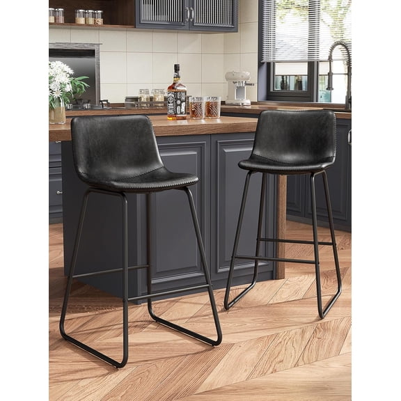 MONGJI Bar Stools Set of 2, 26" PU Leather Counter Height Bar Stools, Modern Barstools with Metal Legs and Footrest, Urban Armless Counter Chairs with Backrest for Kitchen Island (Black)