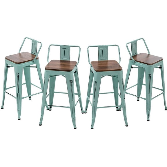 MONGJI Bar Stools Set of 4 Counter Height Stools Industrial Metal Barstools with Wooden Seats(26 Inch, Distressed Green Blue)