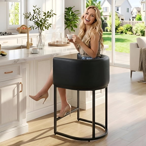 MONGJI Black Modern Barrel Counter Height Bar Stool, 24 Inch PU Leather Kitchen Barstool with Back for Island, with Black Metal Tubular Frame