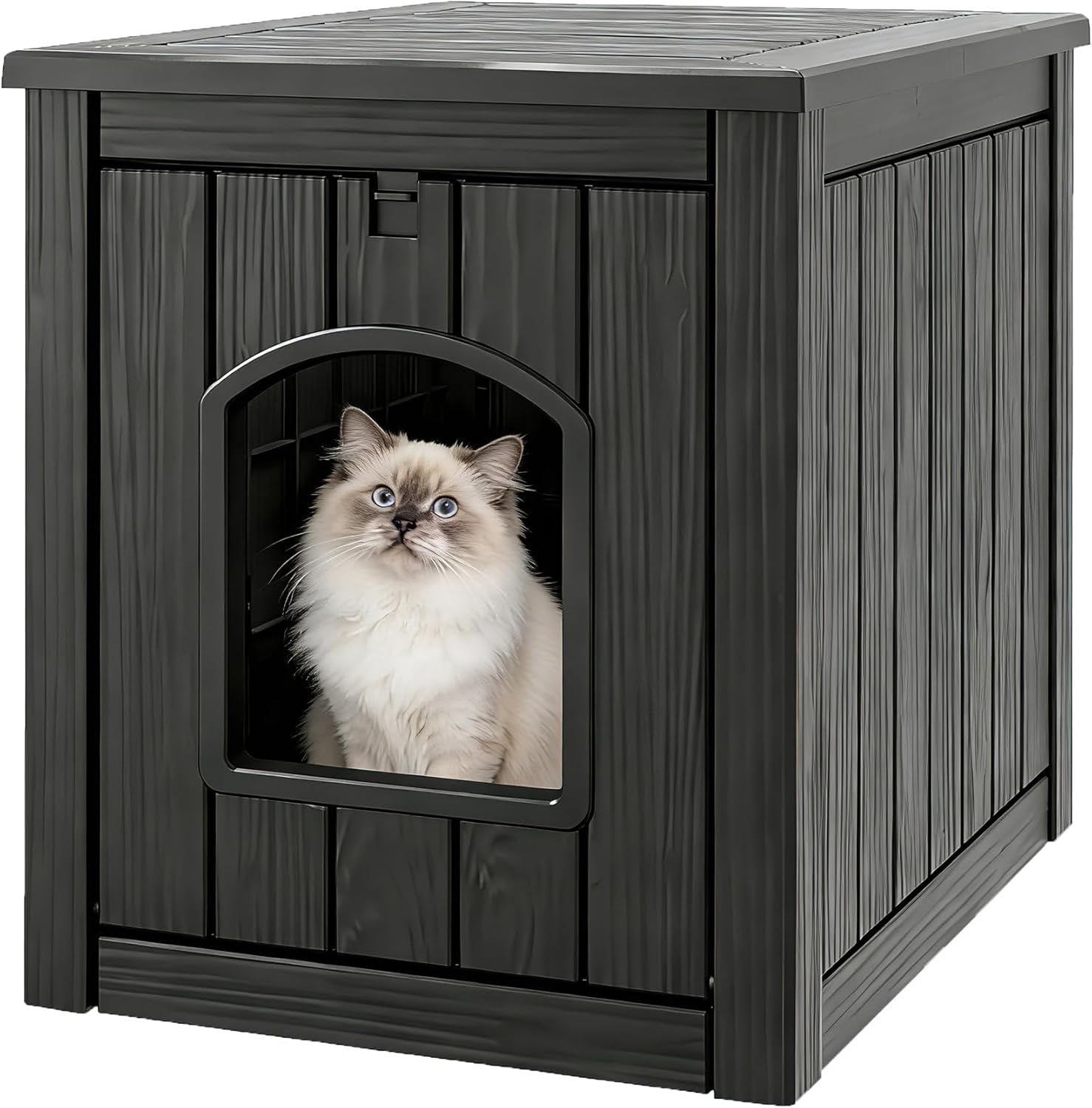 MONGJI Box Enclosure, Waterproof & Weatherproof Plastic Cat House for Indoor Outdoor Use, Multi-Functional Hidden Litter Box Furniture for Living Room, Backyard, Patio, Garage (Black)