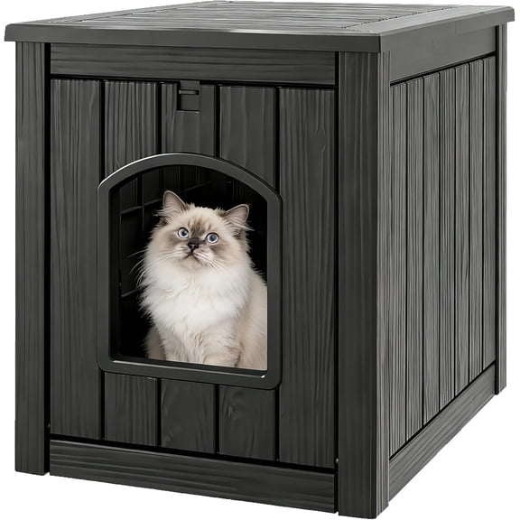 MONGJI Box Enclosure, Waterproof & Weatherproof Plastic Cat House for Indoor Outdoor Use, Multi-Functional Hidden Litter Box Furniture for Living Room, Backyard, Patio, Garage (Black)