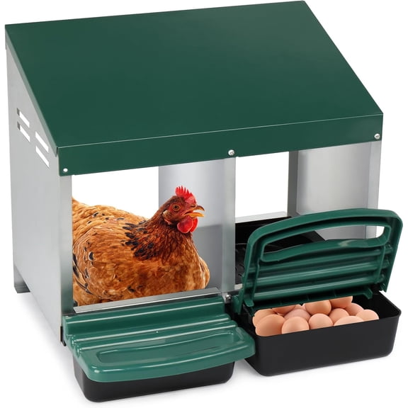 MONGJI Chicken Nesting Boxes, 2 Compartments Chicken Egg Laying Box, Nesting Boxes for Chickens with Swing Perch and Roll Away Egg Collection for Chicken Coop, Green