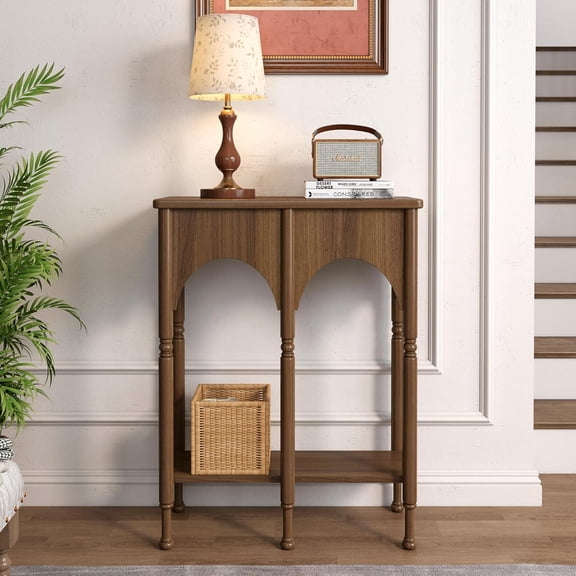 MONGJI Console Table with Storage Shelf, 28" Retro 2-Tier Entryway Table, Wooden Sofa Table with Roman-Style Legs for Living Room, Hallway, Brown