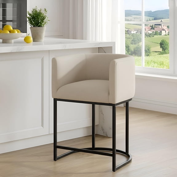 MONGJI Contemporary Cream Linen Bar Stool, 24" Upholstered Fabric Counter Height Barstool Kitchen Counter Island Stool with Screwed Together Black Metal Base