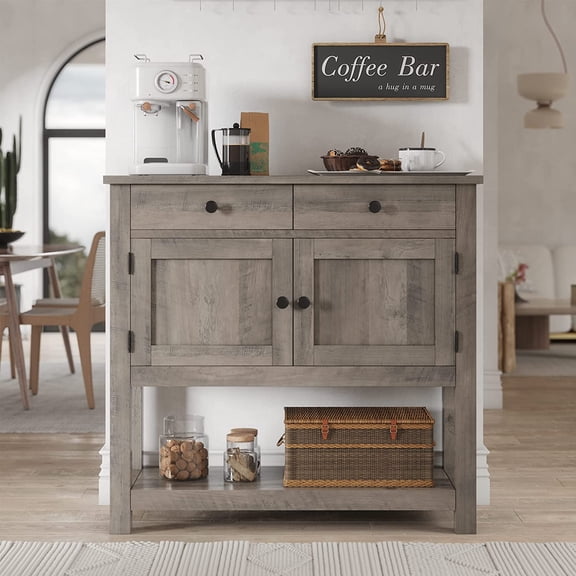 MONGJI Farmhouse Console Table with 2-Door Cabinet & 2 Drawers, Coffee Bar, Entryway Table with Storage Shelf, Sofa Tables Buffet Sideboard for Kitchen, Hallway, Dining, Living Room, Ash Gray