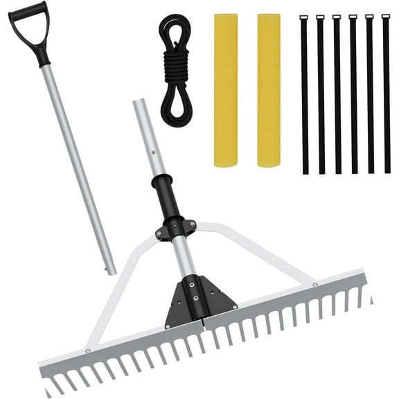 MONGJI Floating Weed Lake Rake, 36" Aluminum Multifunctional Detachable Landscape Rake with Extension Handle, 20 FT Rope and Float, Weed & Algae Removal of Leaves, Floating Scum, Aquatic