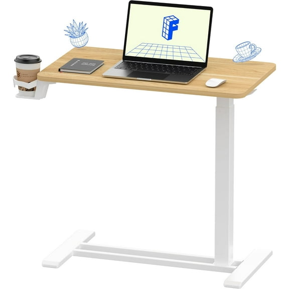 MONGJI H7 Adjustable Overbed Bedside Table with Wheels Pneumatic Mobile Standing Desk Laptop Desk Rolling Computer Cart Movable Overbed Table Hospital Home Use(27.6" W x 15.7" D, Maple Table)