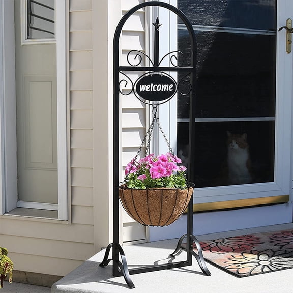 MONGJI Hanging Basket Planter Stand with Decorative Welcome Sign - 48-Inch Tall