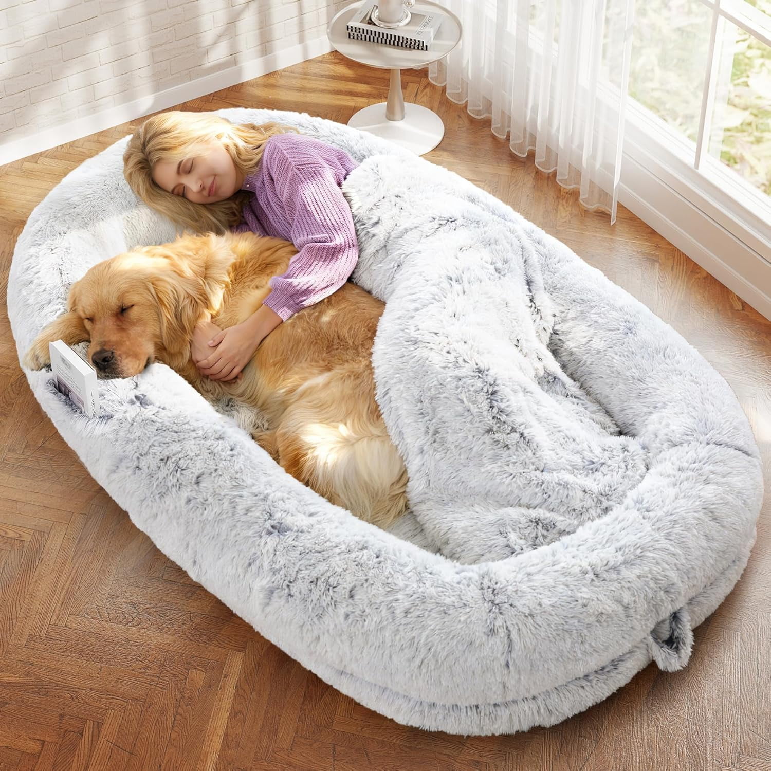 MONGJI  Human Dog Bed for Adults, 75"x43"x10" Human Size Dog Bed, Orthopedic, Waterproof Removable Washable Cover, Soft Calming Lounger for People & Pets, Light Grey
