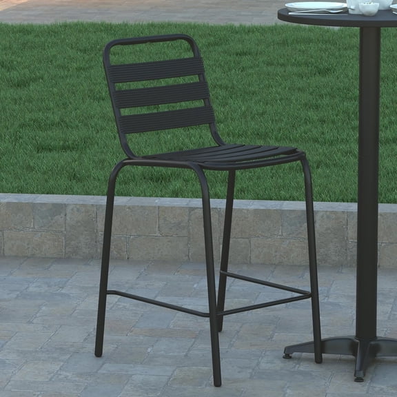 MONGJI Jens Stacking Metal Bar Stool - Indoor/Outdoor Bar Stool with Triple Slat Back - Dry Assist Slats - Black