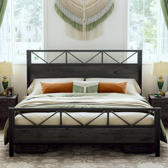 MONGJI King Bed Frame, Tall Industrial Headboard 51.2 ", Platform Bed Frame with Strong Metal Support, Solid and Stable, Noise Free, No Box Spring Needed, Easy Assembly, Charcoal Grey