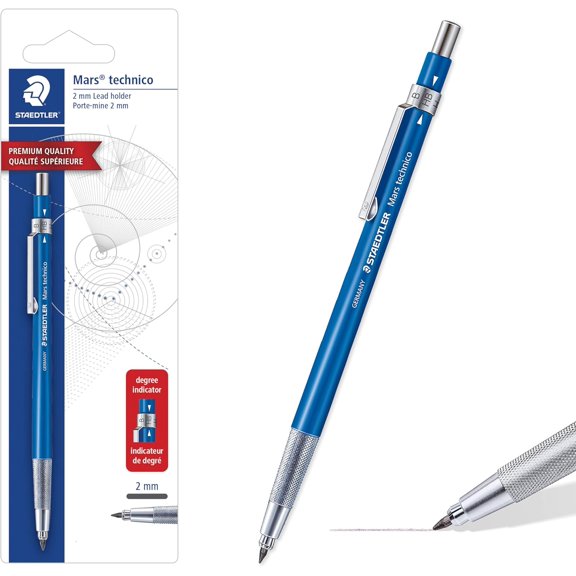 MONGJI Mars Technico Mechanical Pencil, 2mm (2) Lead Holder with Built-in Sharpener - Drawing & Sketching Pencil with Metal Clip & Push-Button Lead Advance