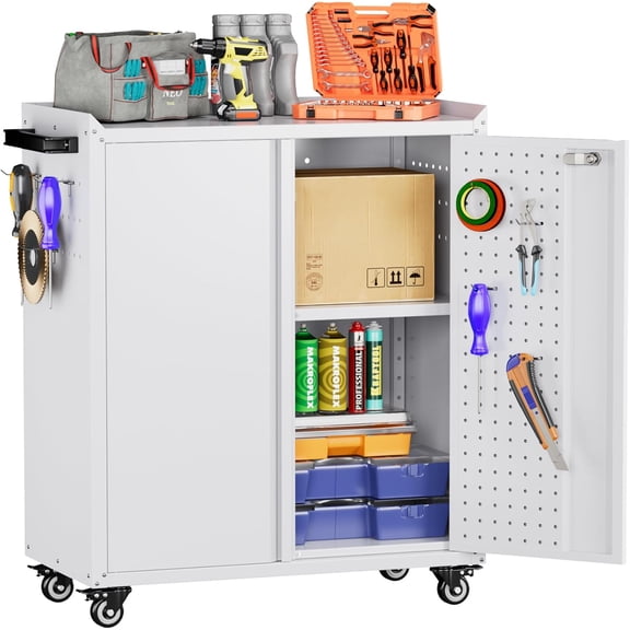 MONGJI Metal Storage Cabinet with 2 Doors and 4 Hooks,34" H Top Workbench Mobile Tool Chests Garage Cabinets with 4 Wheels and Lock/Push Arm for Home,Office,Shop(White)