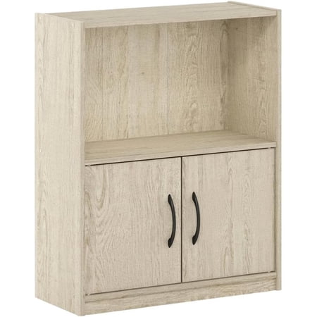 MONGJI Metropolitan Pine 2-Tier Open Shelf Bookcase with 2 Doors Storage Cabinet, Wooden Design, Stylish Office and Living Room Storage Solution