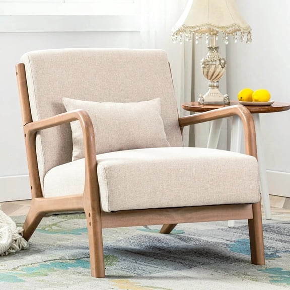 MONGJI Mid Century Modern Accent Chair, Comfy Fabric Living Room Chairs with Solid Wood Frame, Lounge Reading Armchair, Easy Assembly, Beige