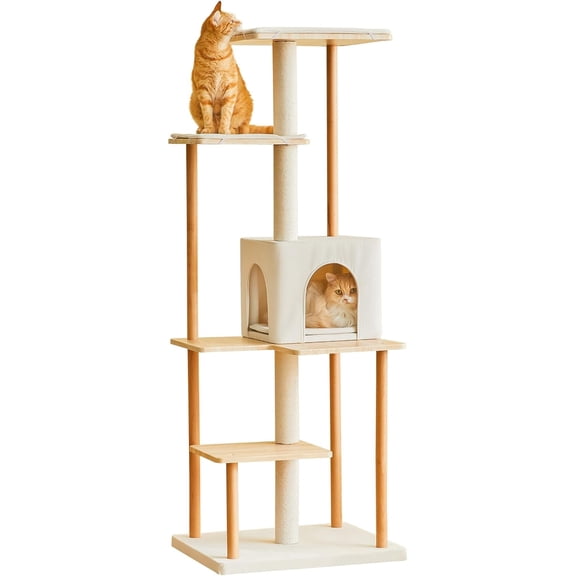 MONGJI Modern Cat Tree - 63-Inch Luxury Wood Cat Tower for Indoor Cats, Large Perches with Soft Cushions, Cat Condo for Large Cats with Scratching Posts - Beige