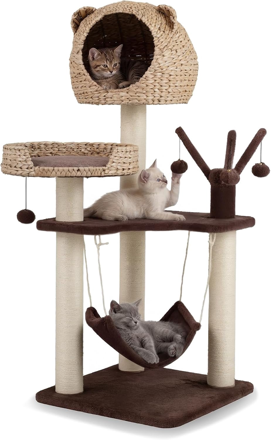 MONGJI Modern Cat Tree Tower, Multi-Level Tall Activity Center with Natural Sisal Scratching Posts, Hammock, Hand-Made Cattail Cute Condo with Funny Toy Balls (Brown)
