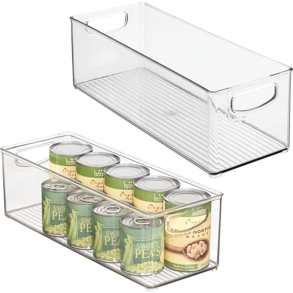 MONGJI Plastic Stackable Pantry Bin - Storage Bin with Handles for Cabinets or Fridge - Set of 2 - Clear