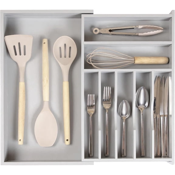 MONGJI Premium Silverware, Flatware and Utensil Organizer for Kitchen Drawers, Food-Safe Contract Grade, Expandable from 10.5 to 19 In, Gray Bamboo