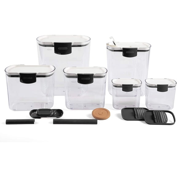 MONGJI  ProKeeper Baker's Airtight Kitchen Storage Canister Container Set for Flour, Sugar & More, Keeps Ingredients Fresh, with Accessories (Black Latches, 6- Piece)