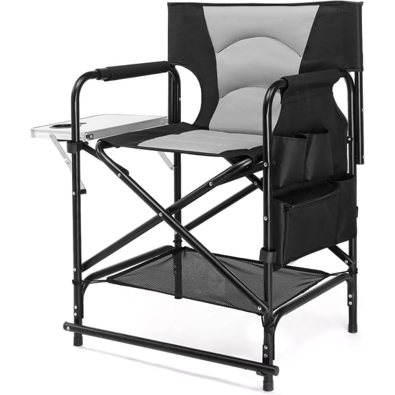 MONGJI Professional Makeup Artist Director Chair 22" Standard Height, Portable Folding Design with Side Table & Storage Bag, Heavy-Duty Iron Frame (300 lbs Capacity)