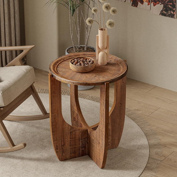 MONGJI Rustic Farmhouse Round End Table with Tray Top, Curved Legs, Brown | French Country Accent Side Table for Small Spaces, Family, Dinning or Living Room, Modern