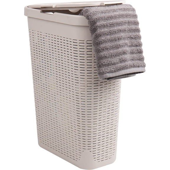 MONGJI  Slim Laundry Hamper with Lid, 40L Clothes Basket, Narrow Tapered Design with Ventilated Cutout Pattern, Plastic, Ivory