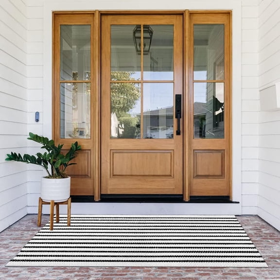 MONGJI Small Black and White Layering Front Doormat Rug 2x4.3ft Striped Outdoor Porch Rug Cotton Woven Carpet Layered Under Mats Rugs for Front Door Farmhouse Patio Bath Welcome Decor.